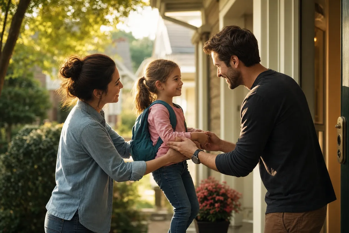 Two parents amicably handing over their child between homes