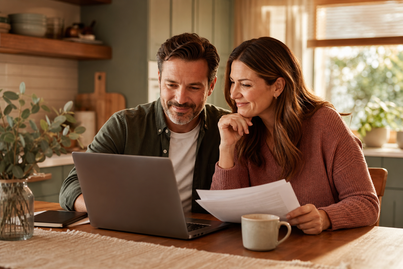 Parents calmly reviewing finances