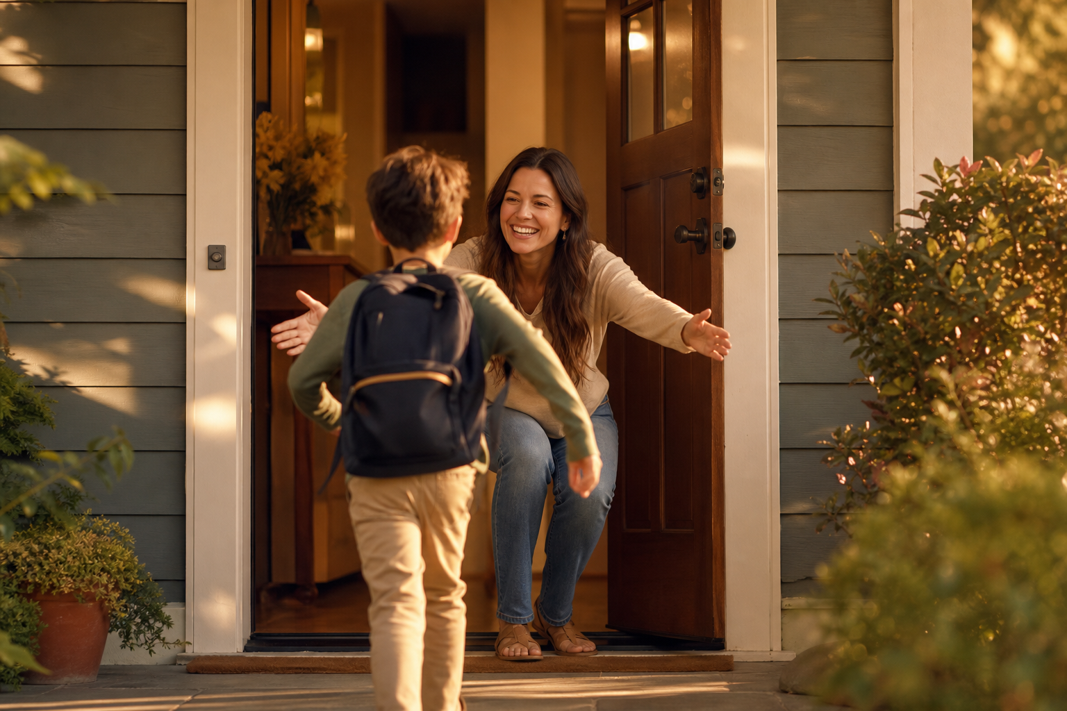 Child arriving home to a welcoming parent